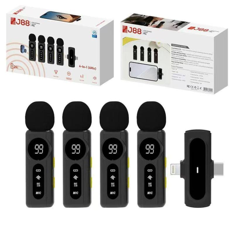 J88 4 in 1 Professional Wireless Collar Mic for 4 Person – Lavalier Mic for Podcast & Interviews