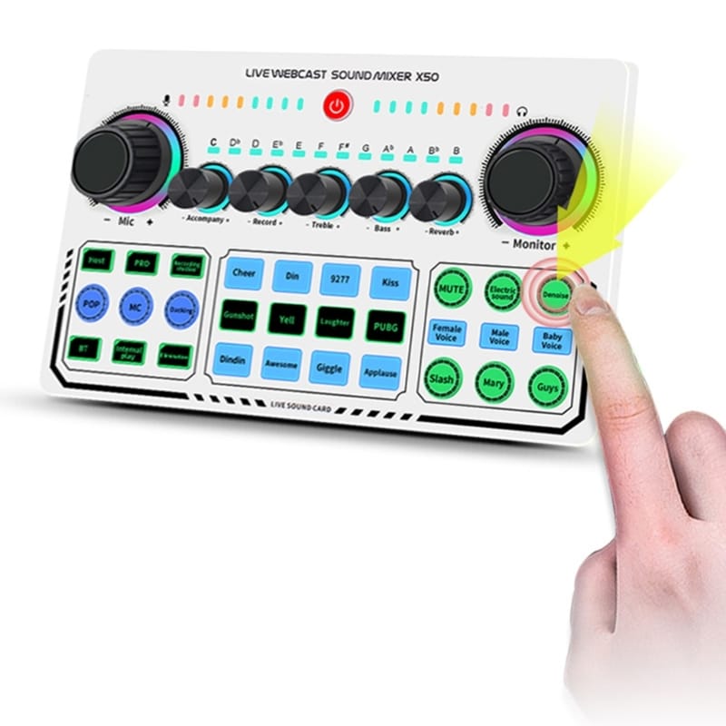 Professional Live Sound Card – Audio Mixer Board with Noise Reduction, Voice Changer & Lighting Effects for Streaming & Karaoke