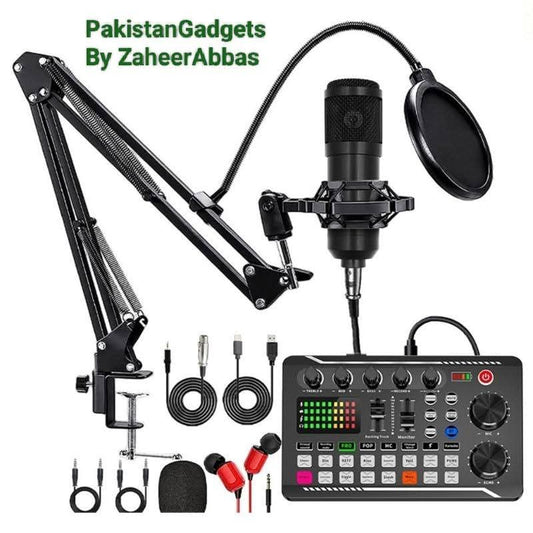 BM800 Condenser Mic with F998 Dual-Channel Dynamic Sound Card – Professional Studio Kit for Podcast, TikTok, Facebook & YouTube Live