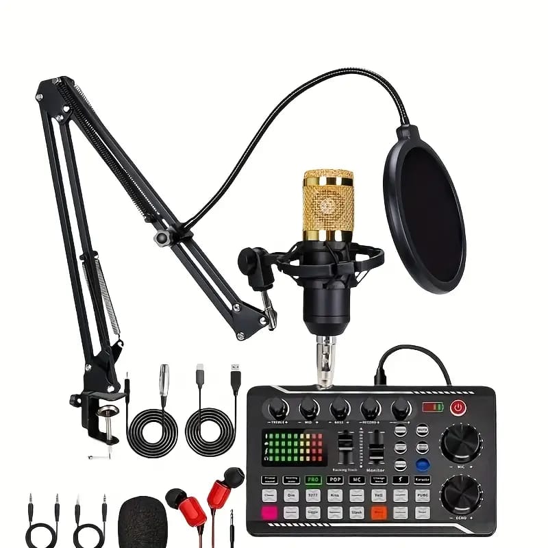 BM800 Condenser Mic with F998 Dual-Channel Dynamic Sound Card – Professional Studio Kit for Podcast, TikTok, Facebook & YouTube Live