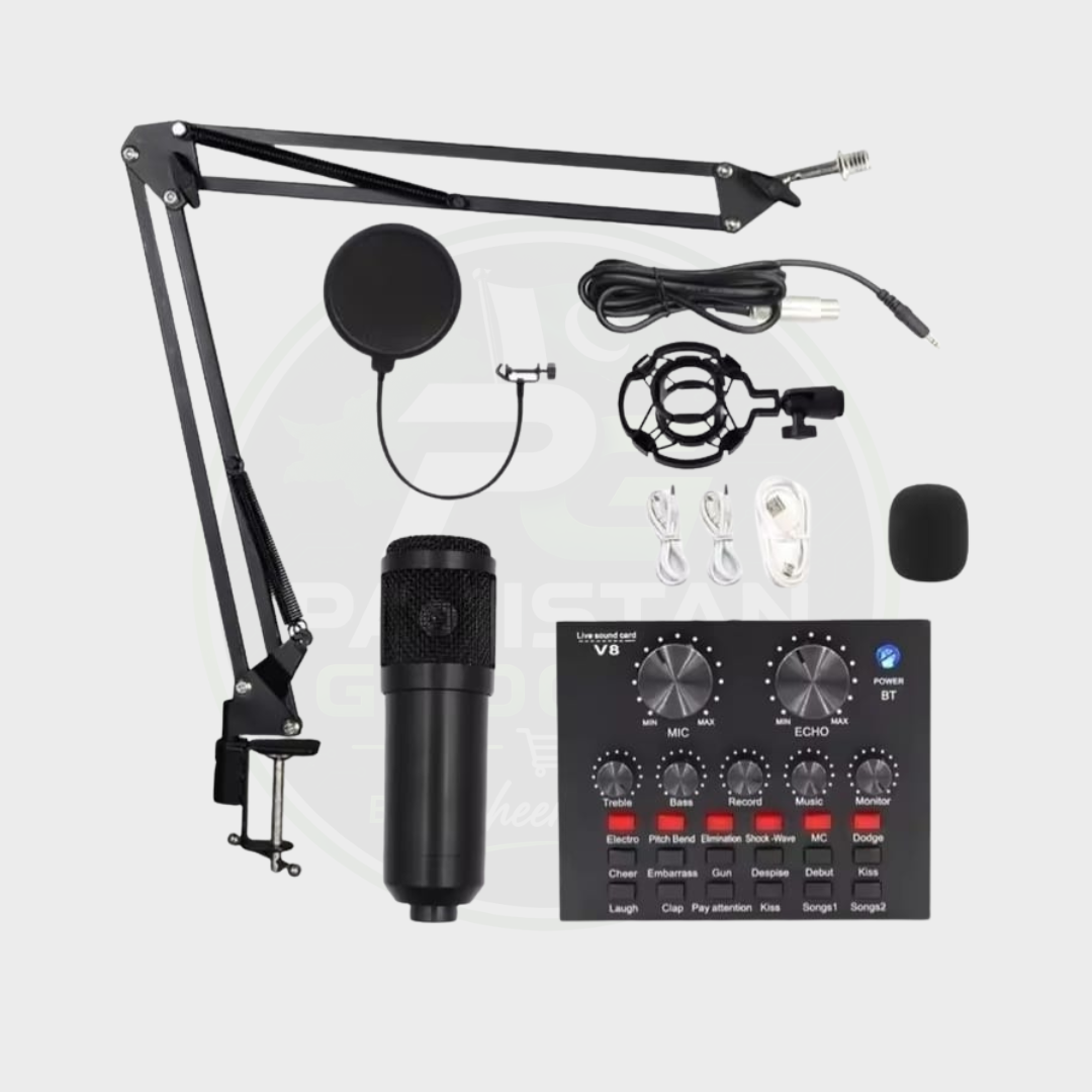 BM800 Condenser Mic With V8 Professional Dynamic Sound Card For Live Streaming And Podcast Studio