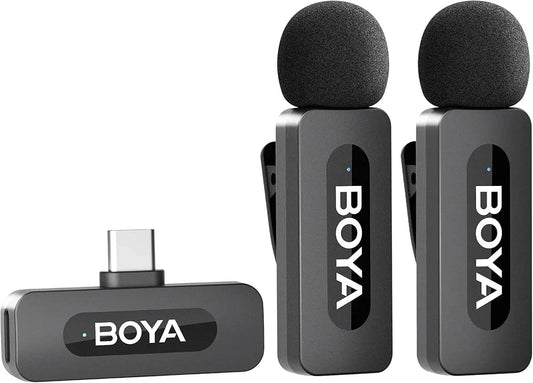 BOYA BY-V20 Dual Wireless Microphone – 2.4GHz Clip-On Lavalier Mic for Android & Type-C Devices (2 Transmitters + Receiver)