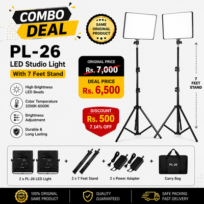 PL-26 LED Studio Light Combo – 2 Lights with 7ft Stands for Photography, Videography & Live Streaming