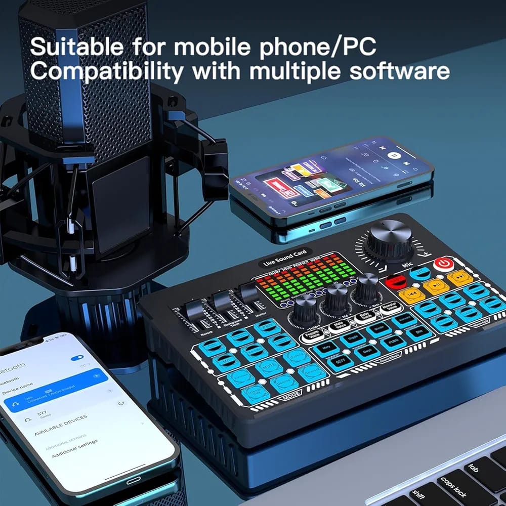 Q6S Dual-Channel Sound Card with Built-in 48V Phantom Power – Professional Audio Mixer for Live Streaming, Podcast & Recording