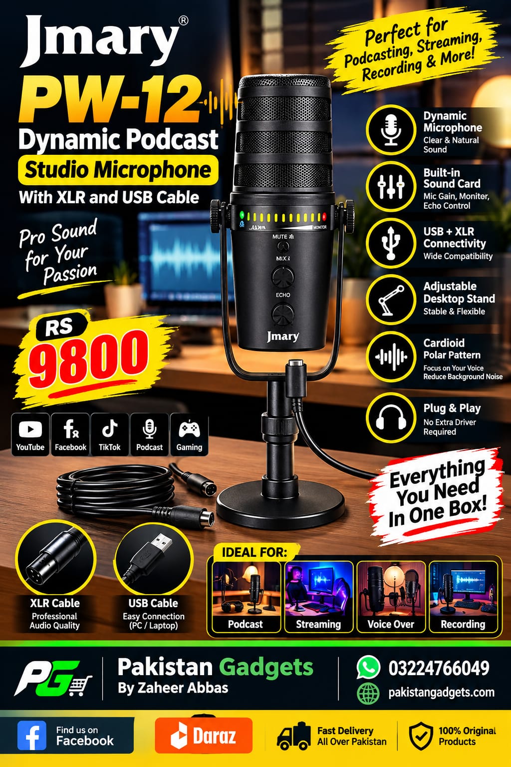 Jmary MC-PW12 Dynamic Podcast Studio USB Microphone – XLR & USB Desktop Mic