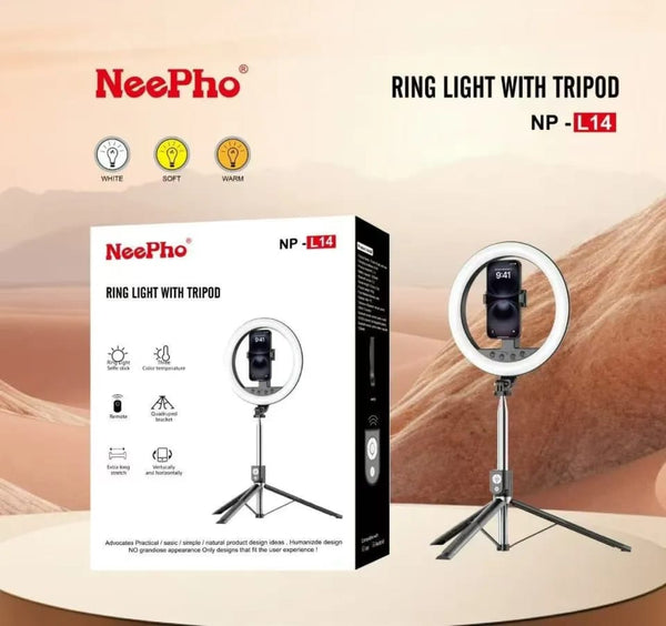 Neepho NP-L16 Professional Ring Light with Built-in Tripod – Live Streaming & Overhead Photography
