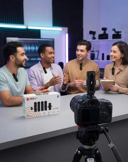 J88 4 in 1 Professional Wireless Collar Mic for 4 Person – Lavalier Mic for Podcast & Interviews