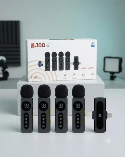J88 4 in 1 Professional Wireless Collar Mic for 4 Person – Lavalier Mic for Podcast & Interviews