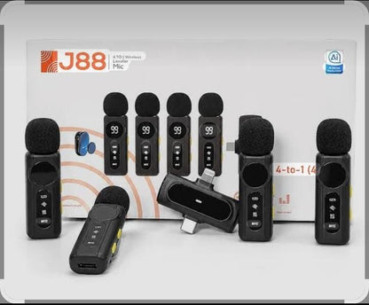 J88 4 in 1 Professional Wireless Collar Mic for 4 Person – Lavalier Mic for Podcast & Interviews