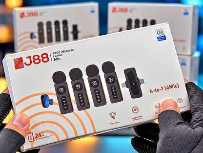 J88 4 in 1 Professional Wireless Collar Mic for 4 Person – Lavalier Mic for Podcast & Interviews