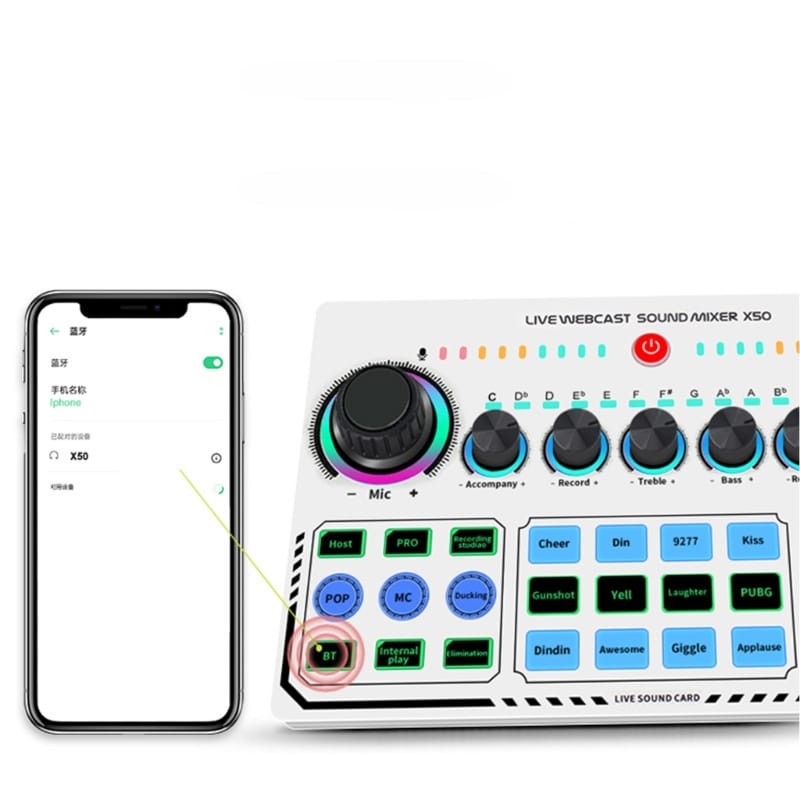 Professional Live Sound Card – Audio Mixer Board with Noise Reduction, Voice Changer & Lighting Effects for Streaming & Karaoke