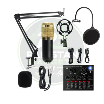 BM800 Condenser Mic With V8 Professional Dynamic Sound Card For Live Streaming And Podcast Studio
