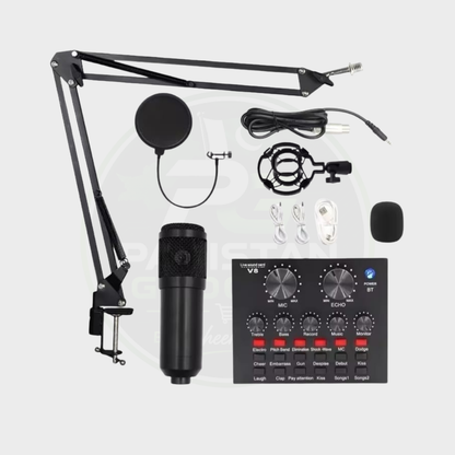 BM800 Condenser Mic With V8 Professional Dynamic Sound Card For Live Streaming And Podcast Studio