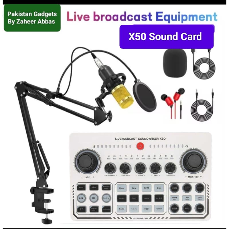 BM800 Condenser Mic With X50 Dual Channel Professional Sound Card For Live Streaming And Podcast Studio