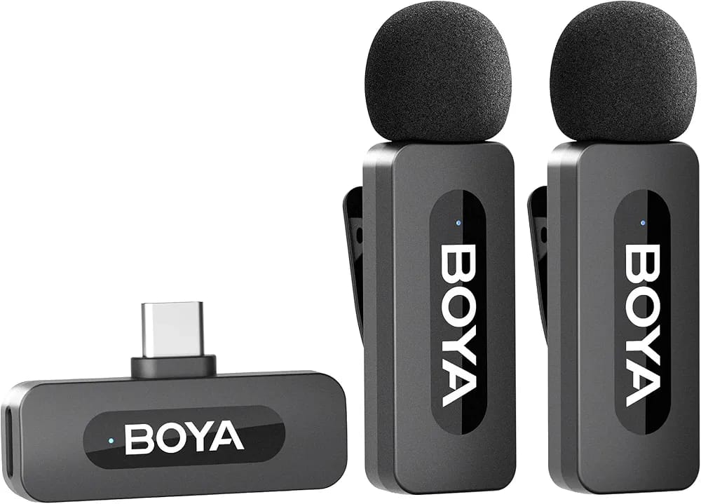 BOYA BY-V20 Dual Wireless Microphone – 2.4GHz Clip-On Lavalier Mic for Android & Type-C Devices (2 Transmitters + Receiver)