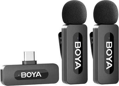 BOYA BY-V20 Dual Wireless Microphone – 2.4GHz Clip-On Lavalier Mic for Android & Type-C Devices (2 Transmitters + Receiver)