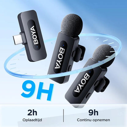 BOYA BY-V20 Dual Wireless Microphone – 2.4GHz Clip-On Lavalier Mic for Android & Type-C Devices (2 Transmitters + Receiver)