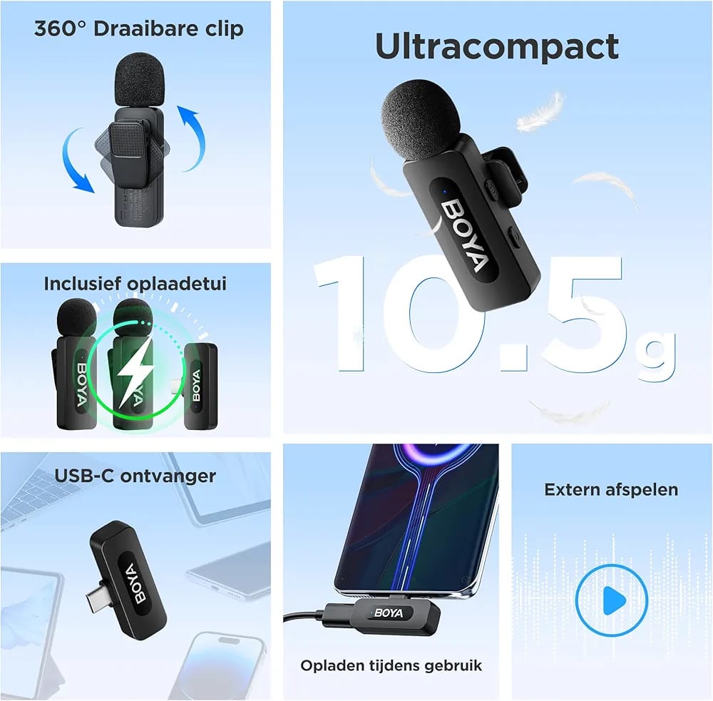 BOYA BY-V20 Dual Wireless Microphone – 2.4GHz Clip-On Lavalier Mic for Android & Type-C Devices (2 Transmitters + Receiver)