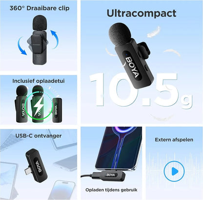 BOYA BY-V20 Dual Wireless Microphone – 2.4GHz Clip-On Lavalier Mic for Android & Type-C Devices (2 Transmitters + Receiver)