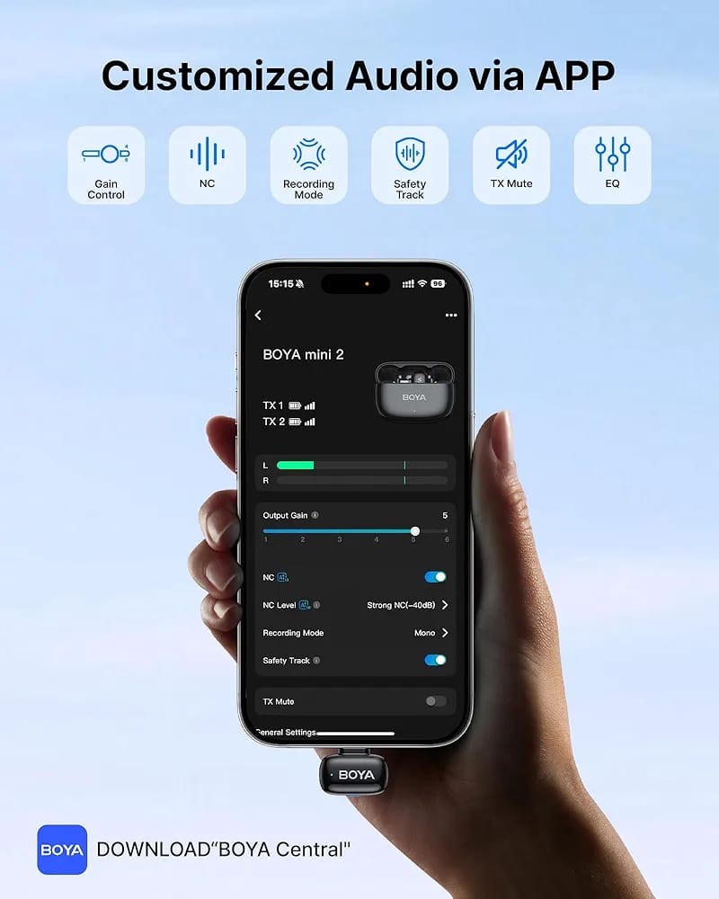 BOYA Mini 2 Dual Wireless Microphone – 48kHz/24-bit, AI Noise Cancellation, USB-C Lavalier Mic for iPhone 15/16/17 & Android