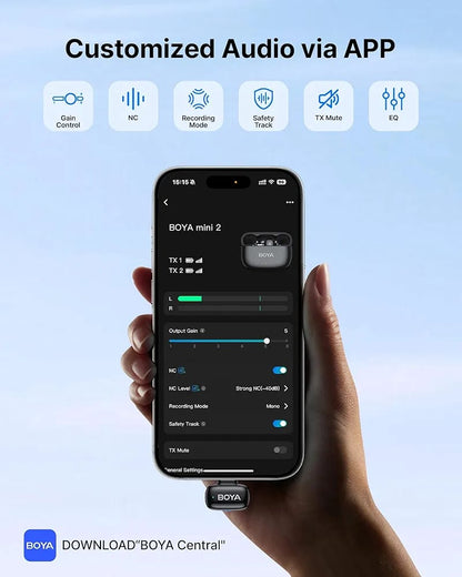 BOYA Mini 2 Dual Wireless Microphone – 48kHz/24-bit, AI Noise Cancellation, USB-C Lavalier Mic for iPhone 15/16/17 & Android