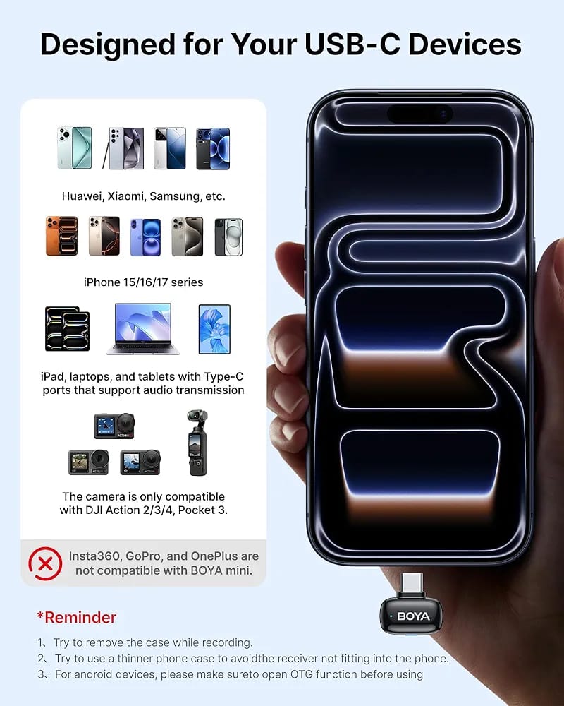 BOYA Mini 2 Dual Wireless Microphone – 48kHz/24-bit, AI Noise Cancellation, USB-C Lavalier Mic for iPhone 15/16/17 & Android