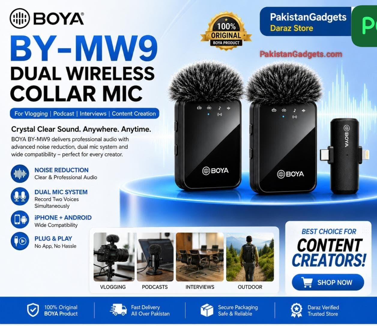 BOYA MW9 Dual Wireless Collar Mic – Clip-On Lavalier Microphone for Vlogging, Podcast & Interviews (Indoor/Outdoor)