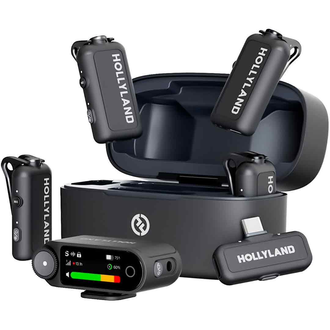 Hollyland LARK MAX 2 4 transmitters with camera and USB-C receivers in charging case