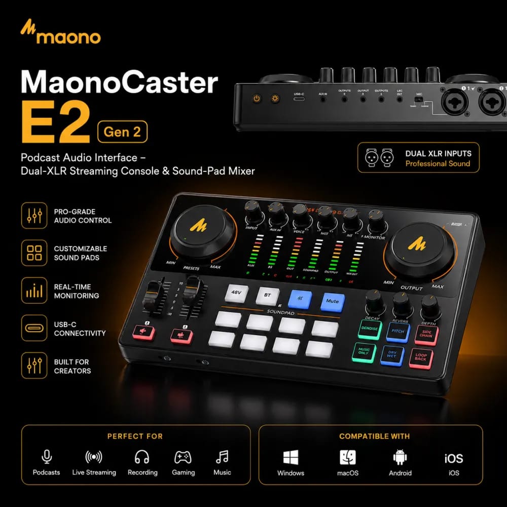 MAONO Maonocaster AME2 GEN2 Podcast Mixer & Audio Interface – Auto-Tune, Voice Changer, 48V Phantom Power, Bluetooth, Rechargeable Battery