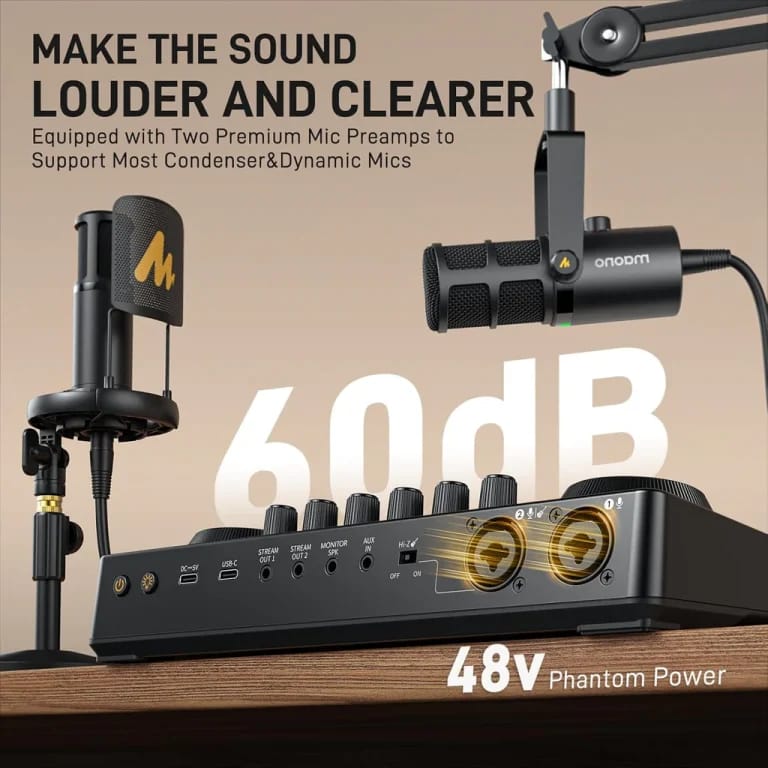 MAONO Maonocaster AME2 GEN2 Podcast Mixer & Audio Interface – Auto-Tune, Voice Changer, 48V Phantom Power, Bluetooth, Rechargeable Battery