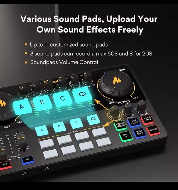 MAONO Maonocaster AME2 (1st Gen) Podcast Mixer & Audio Interface – 48V Phantom Power, Bluetooth, 11 Sound Pads, Rechargeable Battery