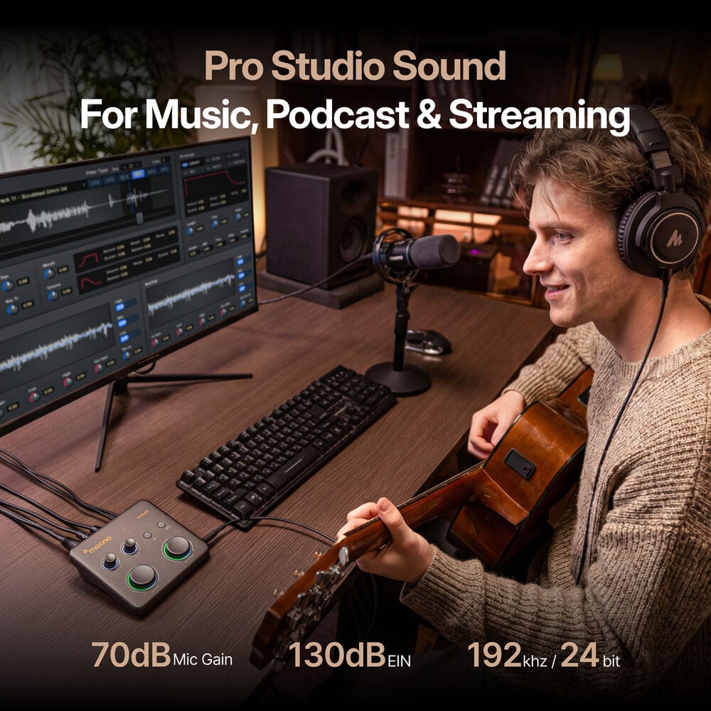 MAONO P1 USB Audio Interface – 24-bit/192kHz, XLR Combo with 48V Phantom Power, Hi-Z Instrument Input, Auto-Gain for Podcasting & Recording