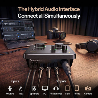 MAONO P1 USB Audio Interface – 24-bit/192kHz, XLR Combo with 48V Phantom Power, Hi-Z Instrument Input, Auto-Gain for Podcasting & Recording