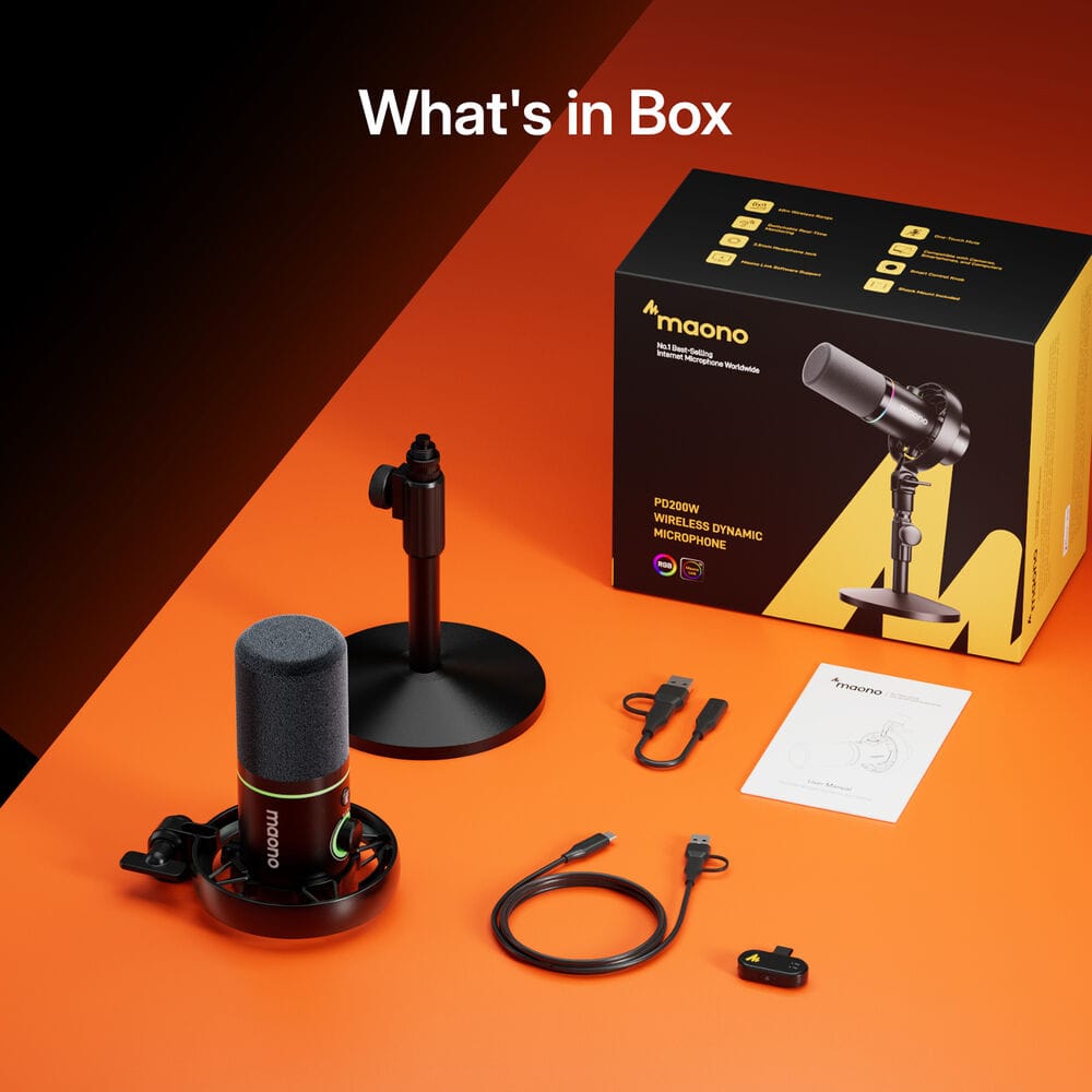 MAONO PD200W Hybrid Wireless Dynamic Microphone – 2.4GHz Wireless, USB-C & XLR, Noise Cancelling, RGB for Podcasting & Streaming