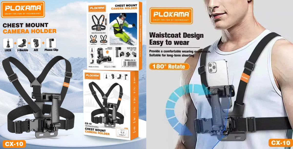 PLOKAMA CX10 Chest Mount Holder – 360° Adjustable Harness for Action Cameras & Phones