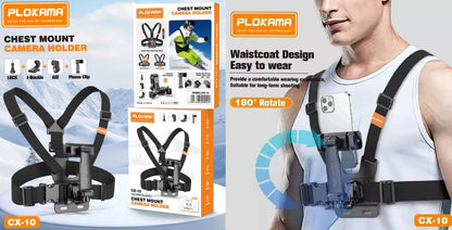 PLOKAMA CX10 Chest Mount Holder – 360° Adjustable Harness for Action Cameras & Phones