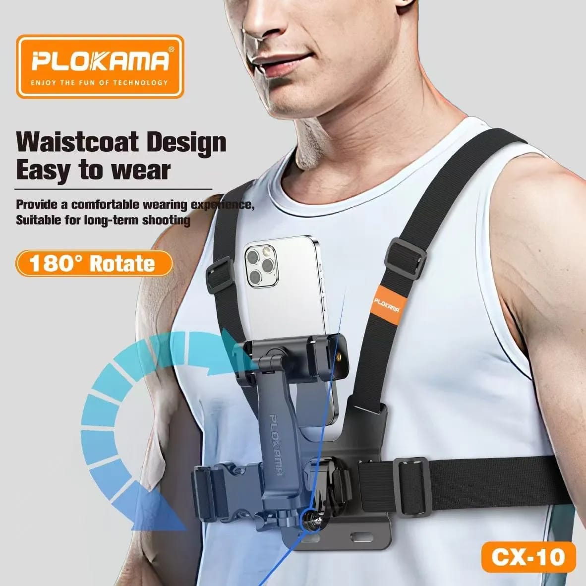 PLOKAMA CX10 Chest Mount Holder – 360° Adjustable Harness for Action Cameras & Phones