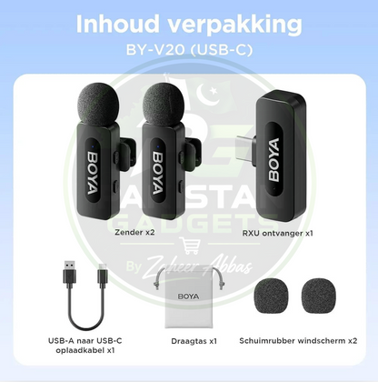 BOYA BY-V20 Dual Wireless Microphone – 2.4GHz Clip-On Lavalier Mic for Android & Type-C Devices (2 Transmitters + Receiver)