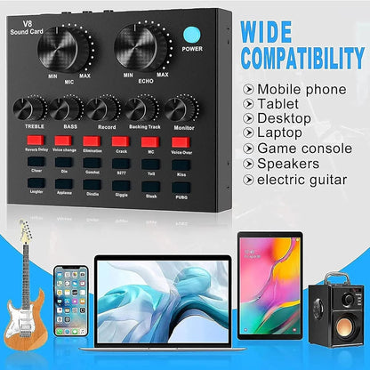 V8 Sound Card – Professional Audio Mixer for Podcast, TikTok, Facebook, YouTube Live Streaming & Gaming