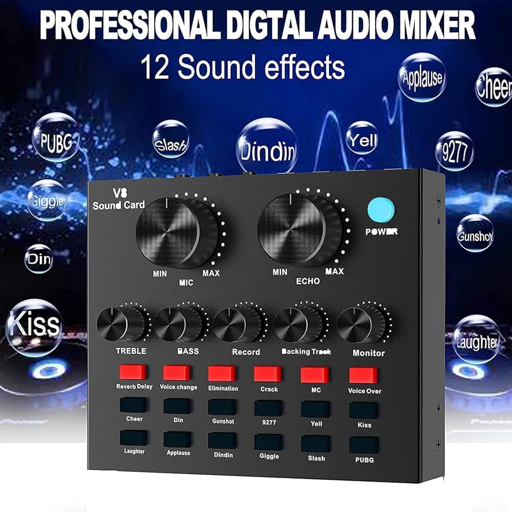 V8 Sound Card – Professional Audio Mixer for Podcast, TikTok, Facebook, YouTube Live Streaming & Gaming