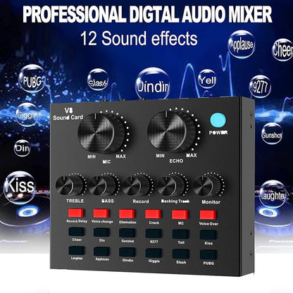 V8 Sound Card – Professional Audio Mixer for Podcast, TikTok, Facebook, YouTube Live Streaming & Gaming