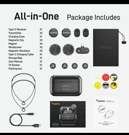 MAONO Wave T5 PC2 Wireless Lavalier Microphone – 2 Mics + USB-C Receiver, 300m Range, AI Noise Cancelling, 30H Battery