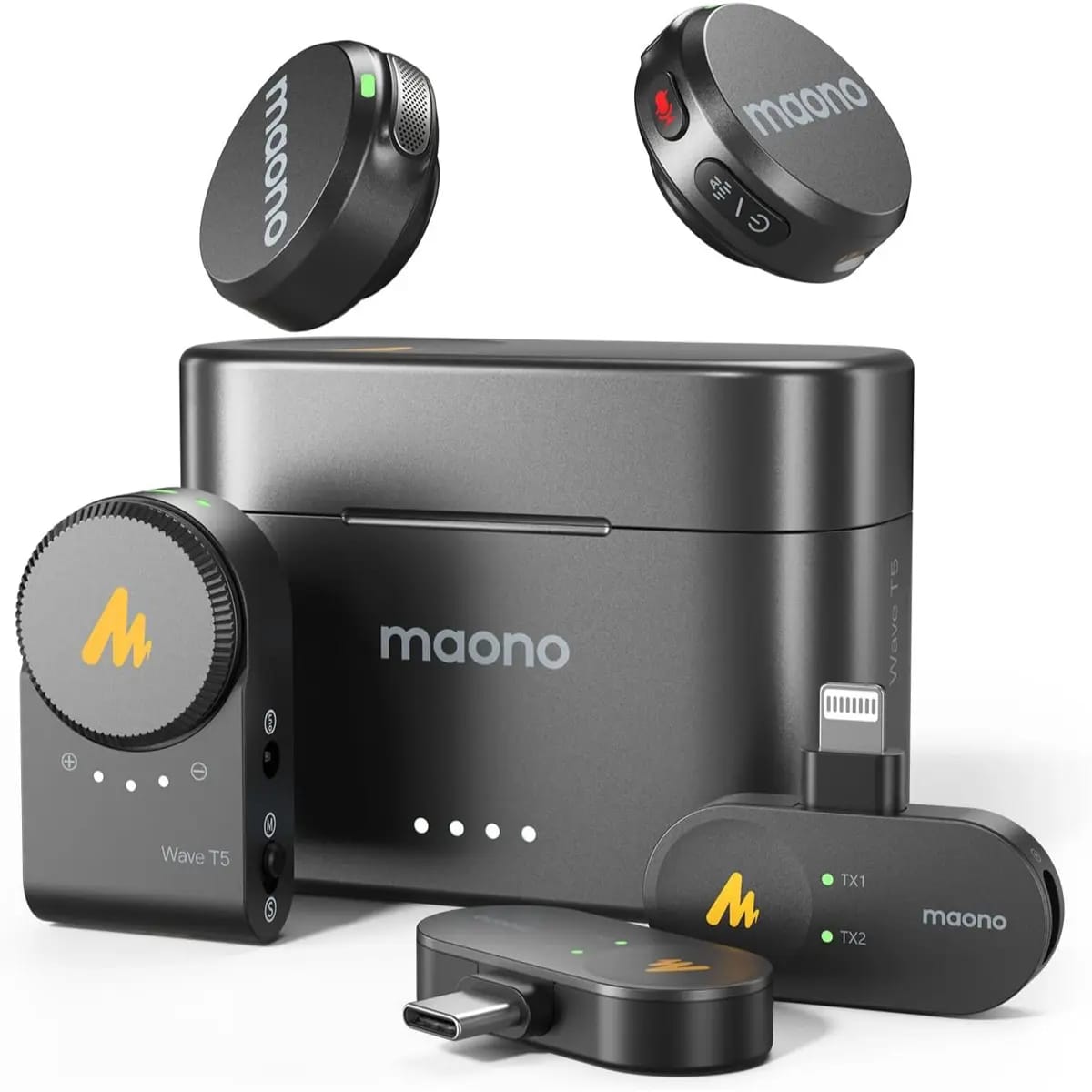 MAONO Wave T5 PA3 Wireless Lavalier Microphone – 2 Mics + USB-C, Lightning & Camera Receivers, 300m Range, AI Noise Cancelling
