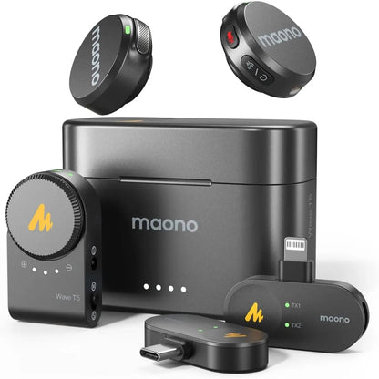 MAONO Wave T5 PA3 Wireless Lavalier Microphone – 2 Mics + USB-C, Lightning & Camera Receivers, 300m Range, AI Noise Cancelling