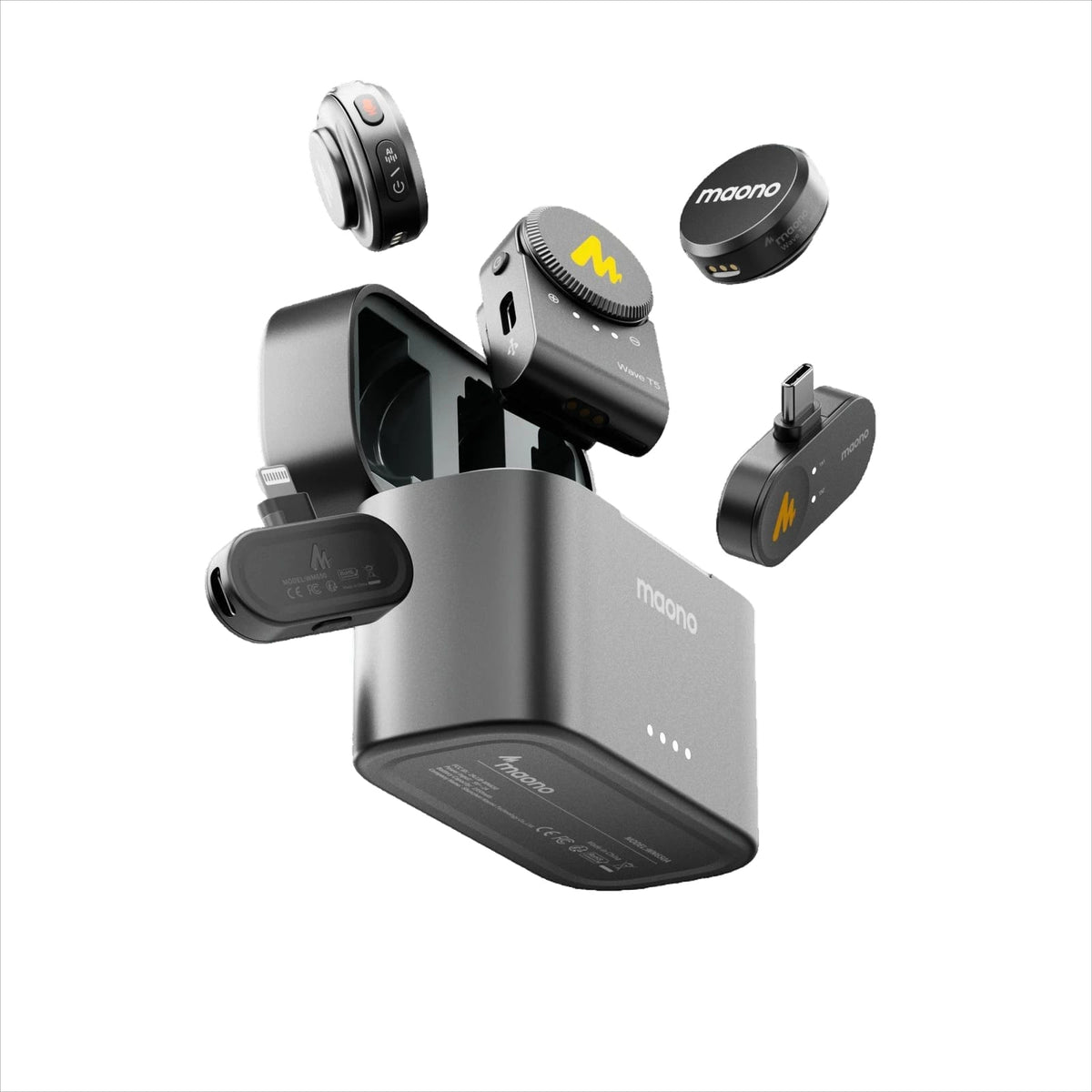 MAONO Wave T5 PA3 Wireless Lavalier Microphone – 2 Mics + USB-C, Lightning & Camera Receivers, 300m Range, AI Noise Cancelling