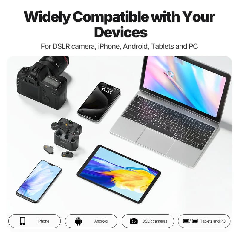 MAONO Wave T5 PA3 Wireless Lavalier Microphone – 2 Mics + USB-C, Lightning & Camera Receivers, 300m Range, AI Noise Cancelling