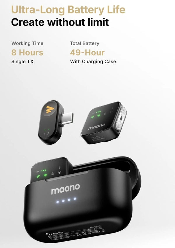 MAONO Wave T1 Plus PC2 Wireless Lavalier Microphone – 2 Mini Mics + USB-C Receiver, AI Noise Cancelling, Charging Case