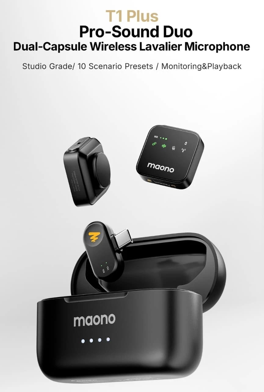 MAONO Wave T1 Plus PC2 Wireless Lavalier Microphone – 2 Mini Mics + USB-C Receiver, AI Noise Cancelling, Charging Case