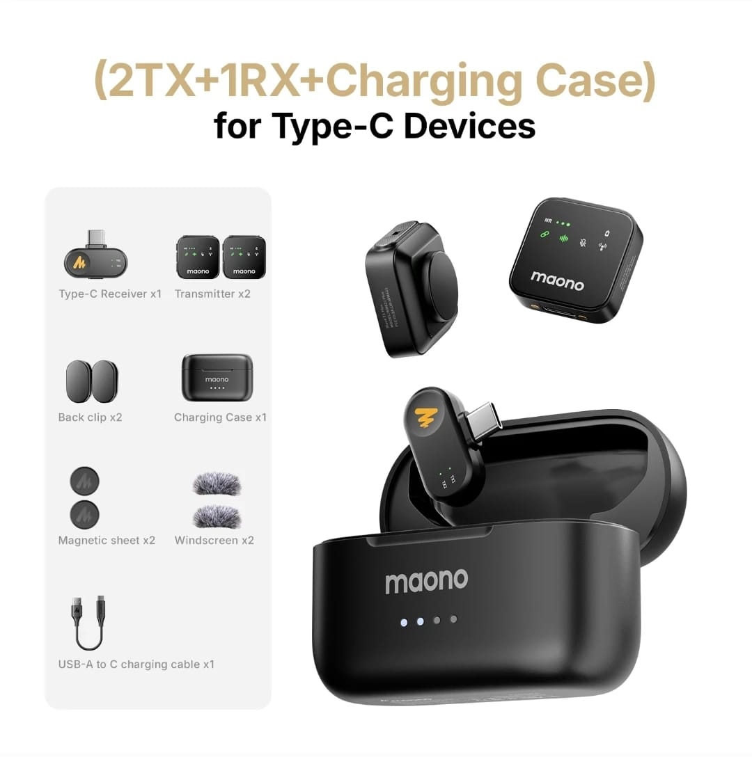 MAONO Wave T1 Plus PC2 Wireless Lavalier Microphone – 2 Mini Mics + USB-C Receiver, AI Noise Cancelling, Charging Case