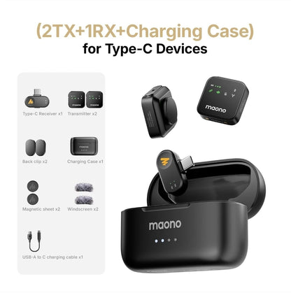 MAONO Wave T1 Plus PC2 Wireless Lavalier Microphone – 2 Mini Mics + USB-C Receiver, AI Noise Cancelling, Charging Case